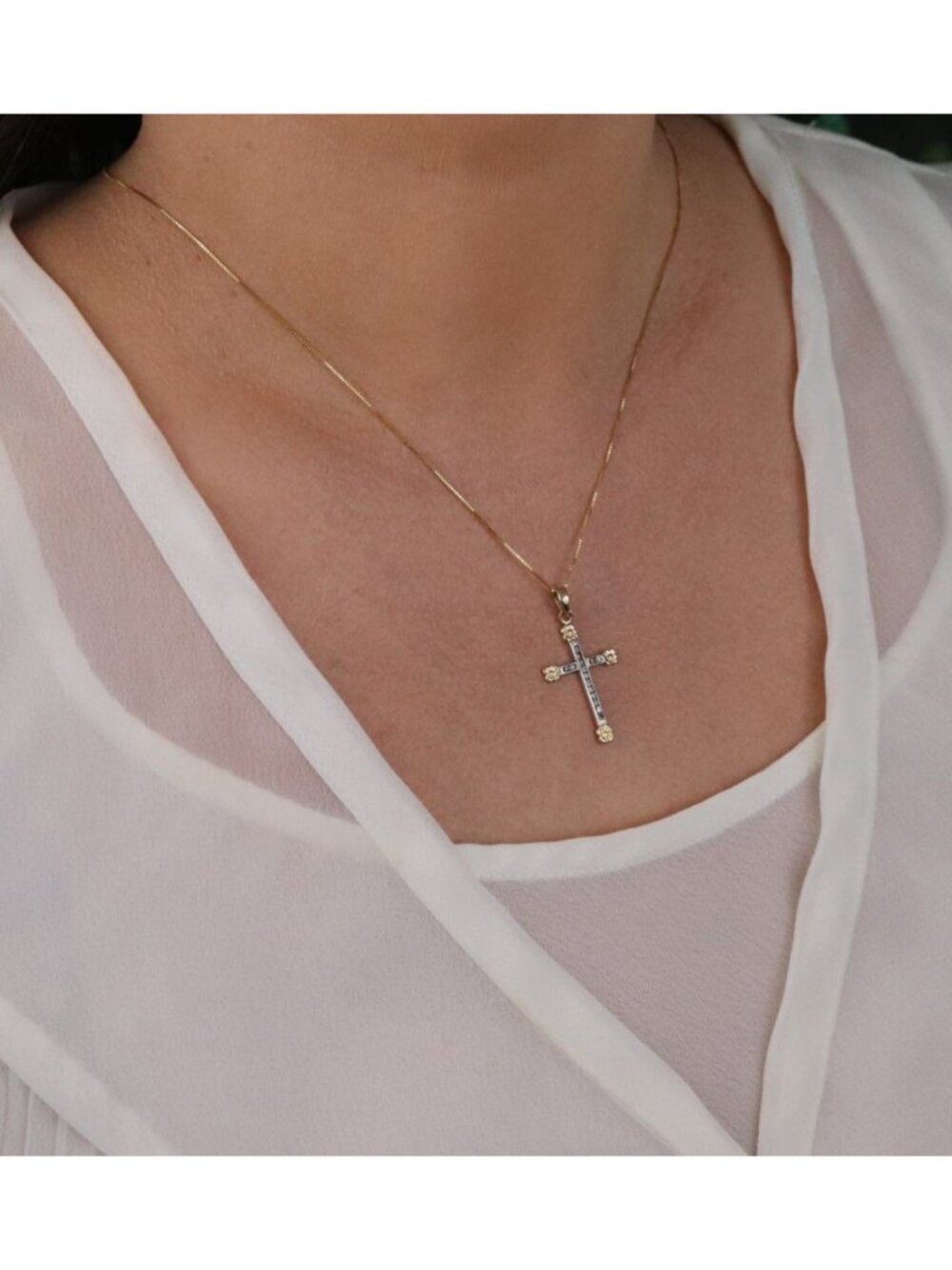 Pendant Only 14K White & Yellow Gold Diamond Cross Pendant 1 1/4" x 5/8" inch - Picture 3 of 7
